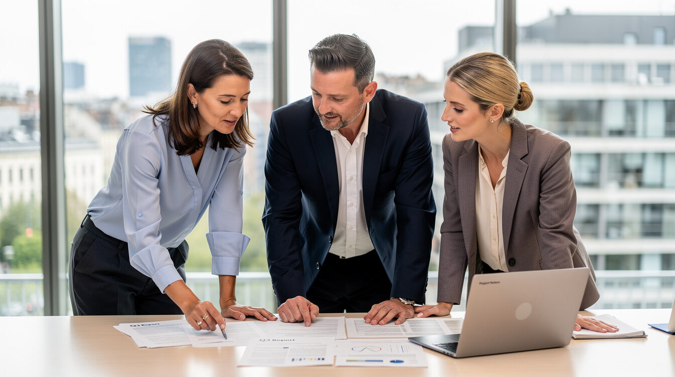 Small team of consultants reviewing notes around a table